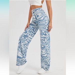 White Swirl Retro Pattern High Waisted Jeans